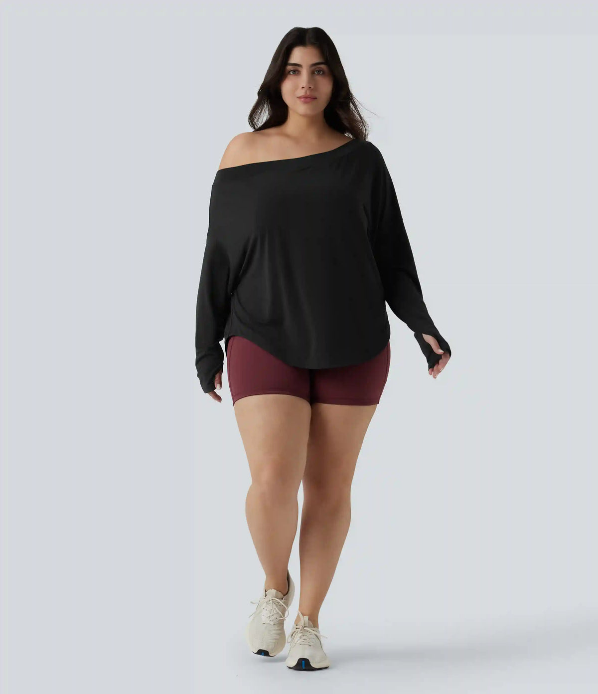 One Shoulder Long Sleeve Thumb Hole Curved Hem High Low Quick Dry Yoga Plus Size Sports Top-Built-in Bra