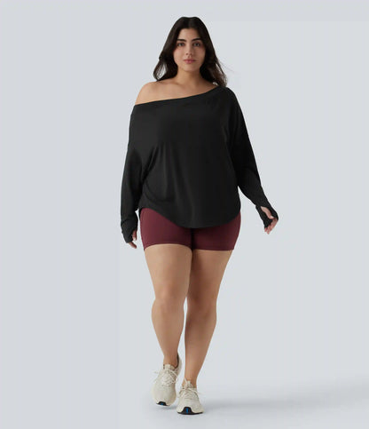 One Shoulder Long Sleeve Thumb Hole Curved Hem High Low Quick Dry Yoga Plus Size Sports Top-Built-in Bra