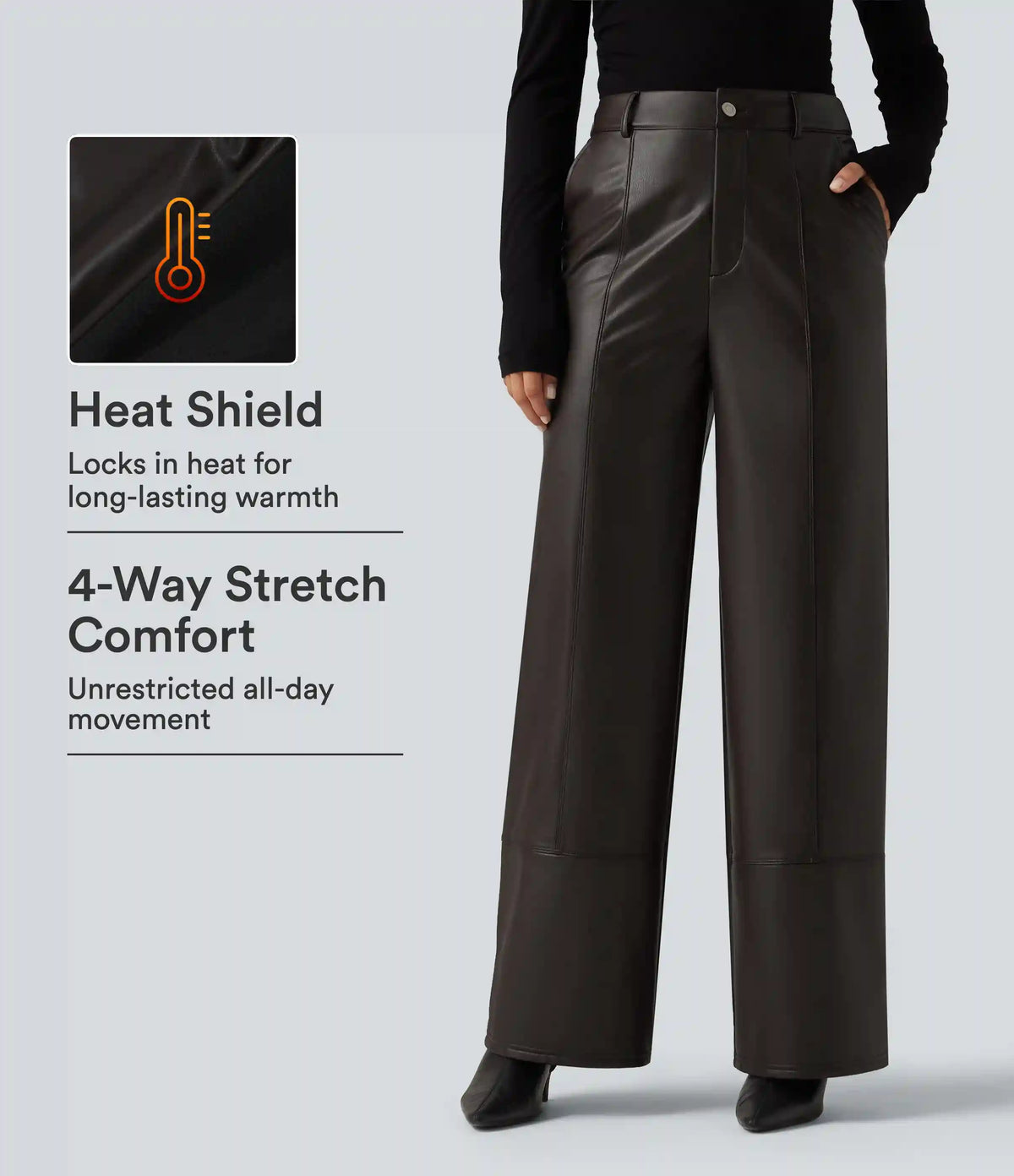 High Waisted Straight Leg Seam Stretchy PU Fleece Casual Leather Pants with Pockets