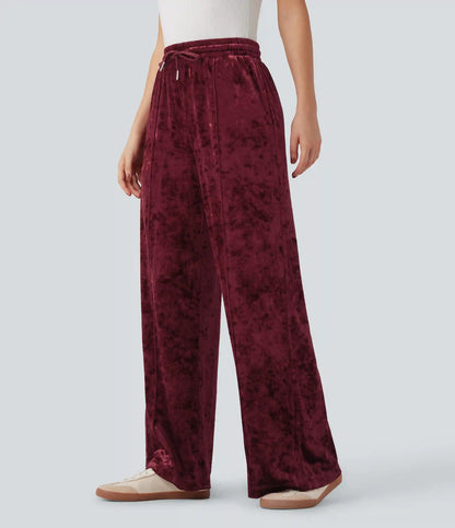 Mid Rise Drawstring Velvet Wide Leg Casual Pants with Pockets
