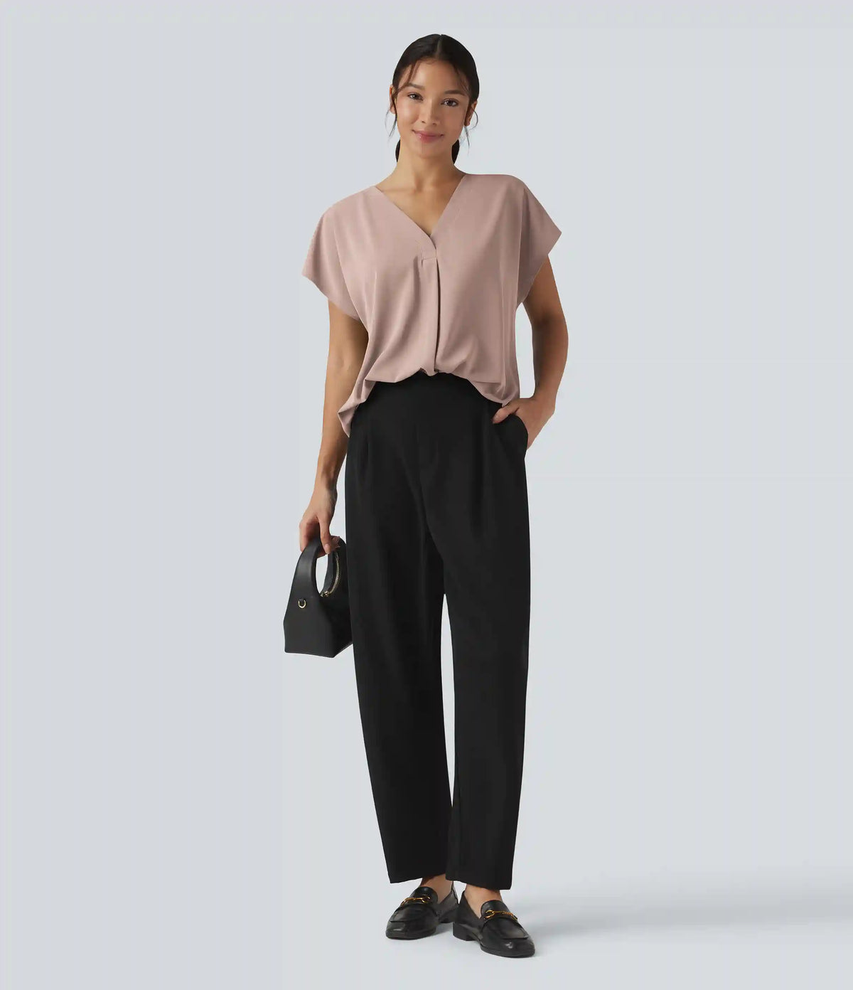 Wrinkle Recovery V-neck Short Sleeve Oversized Work Blouse