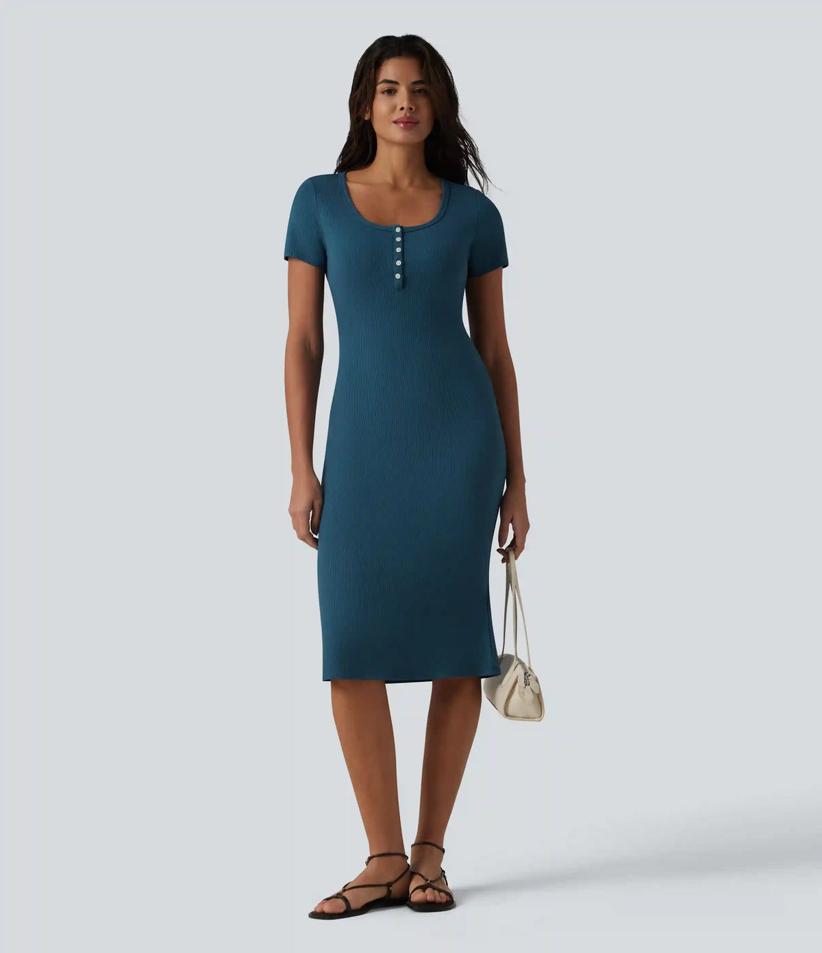 Ribbed Knit Henley Short Sleeve Midi Bodycon Mermaid Casual Dress