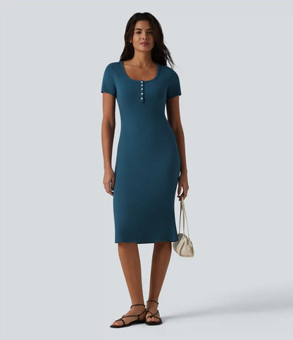 Ribbed Knit Henley Short Sleeve Midi Bodycon Mermaid Casual Dress