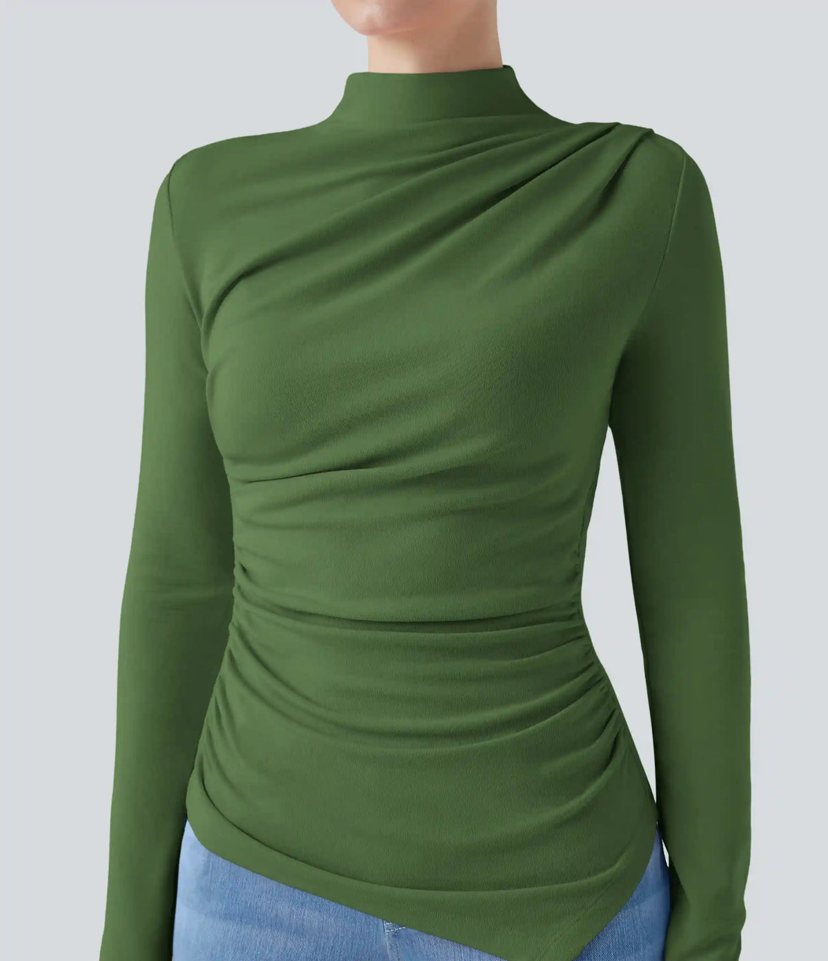 Mock-neck Long Sleeve Ruched Asymmetric Hem Thermal Casual Top