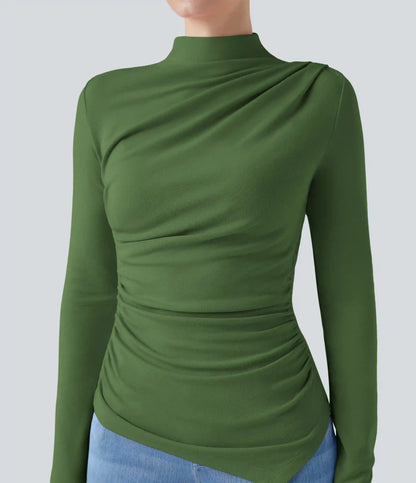Mock-neck Long Sleeve Ruched Asymmetric Hem Thermal Casual Top