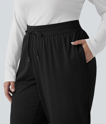 Plus Size Mid Rise Drawstring Curved Hem Quick Dry Golf Tapered Pants with Pockets-UPF40+