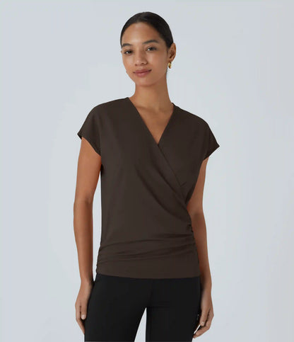 V Neck Cap Sleeve Crossover Ruched Solid Work Blouse