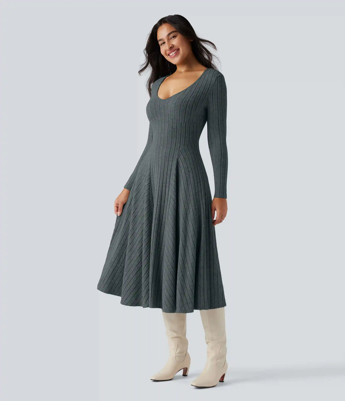 Ribbed Knit V Neck Long Sleeve Flare Midi Casual Dress