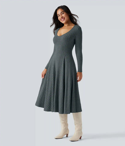 Ribbed Knit V Neck Long Sleeve Flare Midi Casual Dress