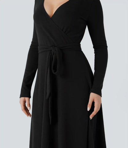 Ribbed Knit V-neck Long Sleeve Belted Midi Work Flowy Dress