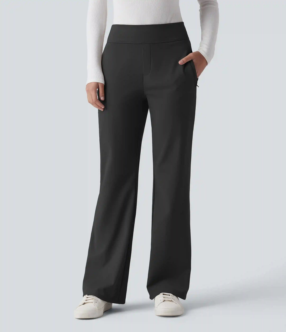 Mid Rise Fleece Work Flare Pants with Zip Pockets