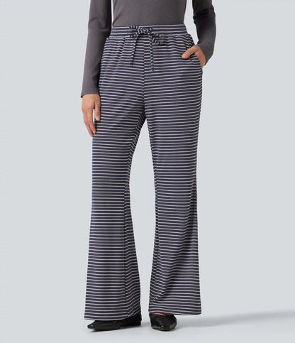 Ribbed Knit Stripes Mid Rise Drawstring Casual Bootcut Pants with Pockets