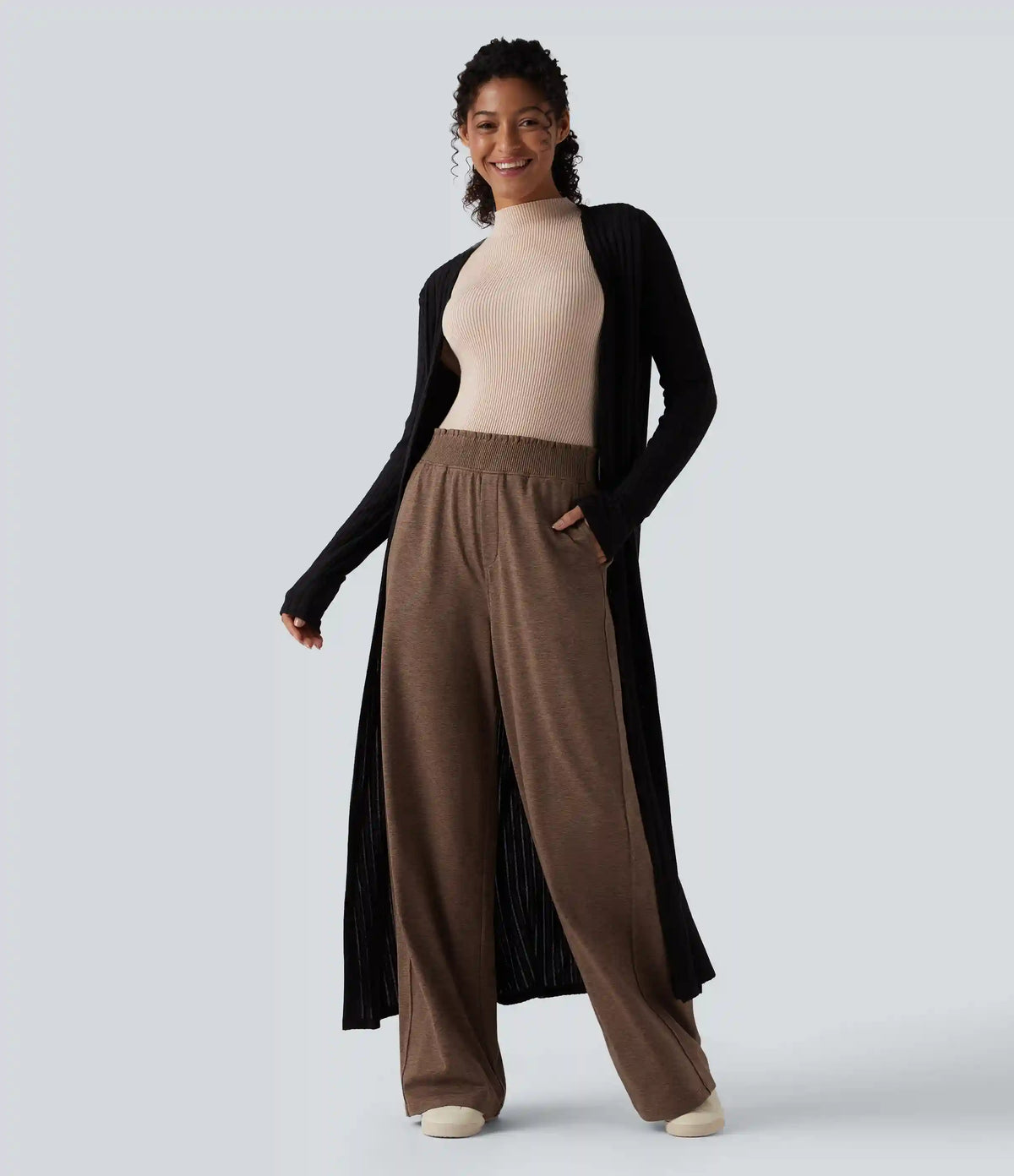 High Waisted Lettuce Trim Quick Dry Heathered Casual Wide Leg Sweatpants with Pockets-UPF40+