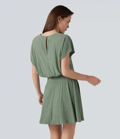 Ribbed Knit V-neck Short Sleeve 2-in-1 Mini Casual Linen-Blend Flowy Dress