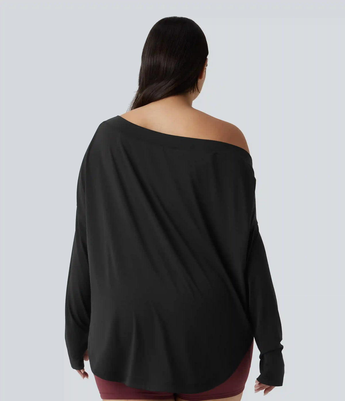 One Shoulder Long Sleeve Thumb Hole Curved Hem High Low Quick Dry Yoga Plus Size Sports Top-Built-in Bra
