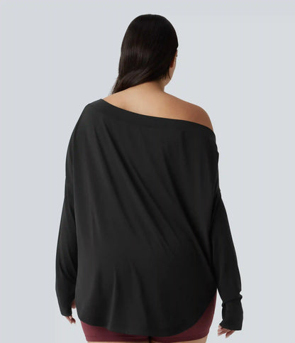 One Shoulder Long Sleeve Thumb Hole Curved Hem High Low Quick Dry Yoga Plus Size Sports Top-Built-in Bra