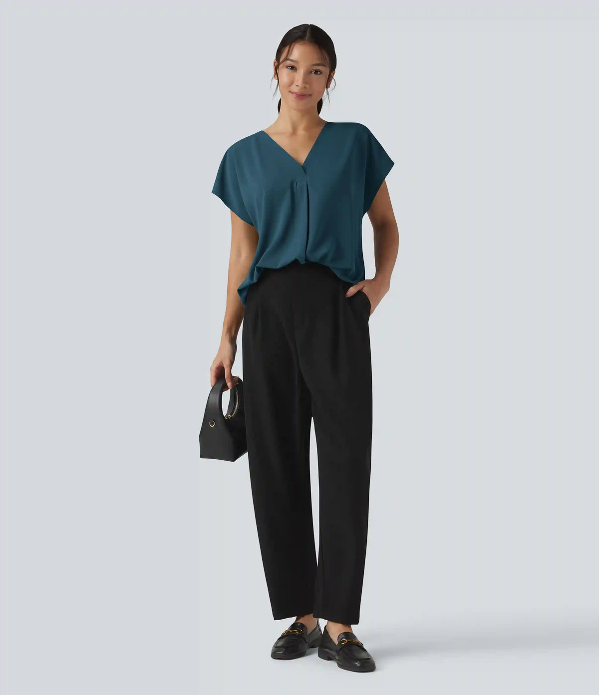 Wrinkle Recovery V-neck Short Sleeve Oversized Work Blouse