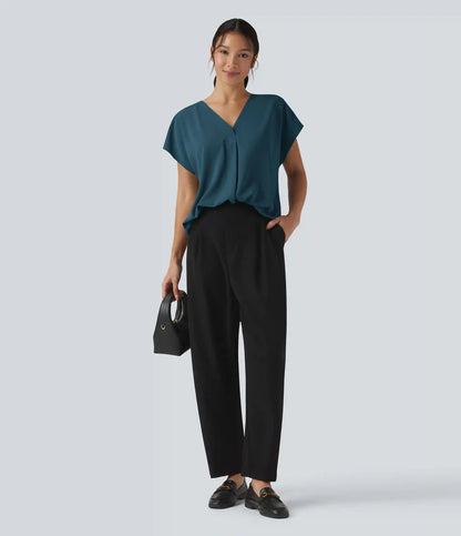Wrinkle Recovery V-neck Short Sleeve Oversized Work Blouse