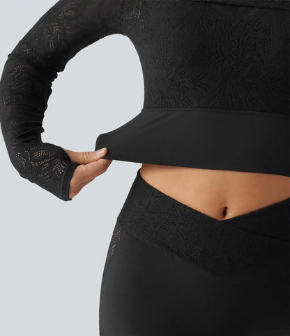 SoftlyZero™ Off Shoulder Long Sleeve Contrast Lace Yoga Sports Top with Built-in Bra