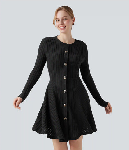 Ribbed Knit Round Neck Long Sleeve Flare Mini Casual Dress
