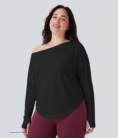 Plus Size One Shoulder Long Sleeve Thumb Hole Curved Hem High Low Quick Dry Yoga Sports Top