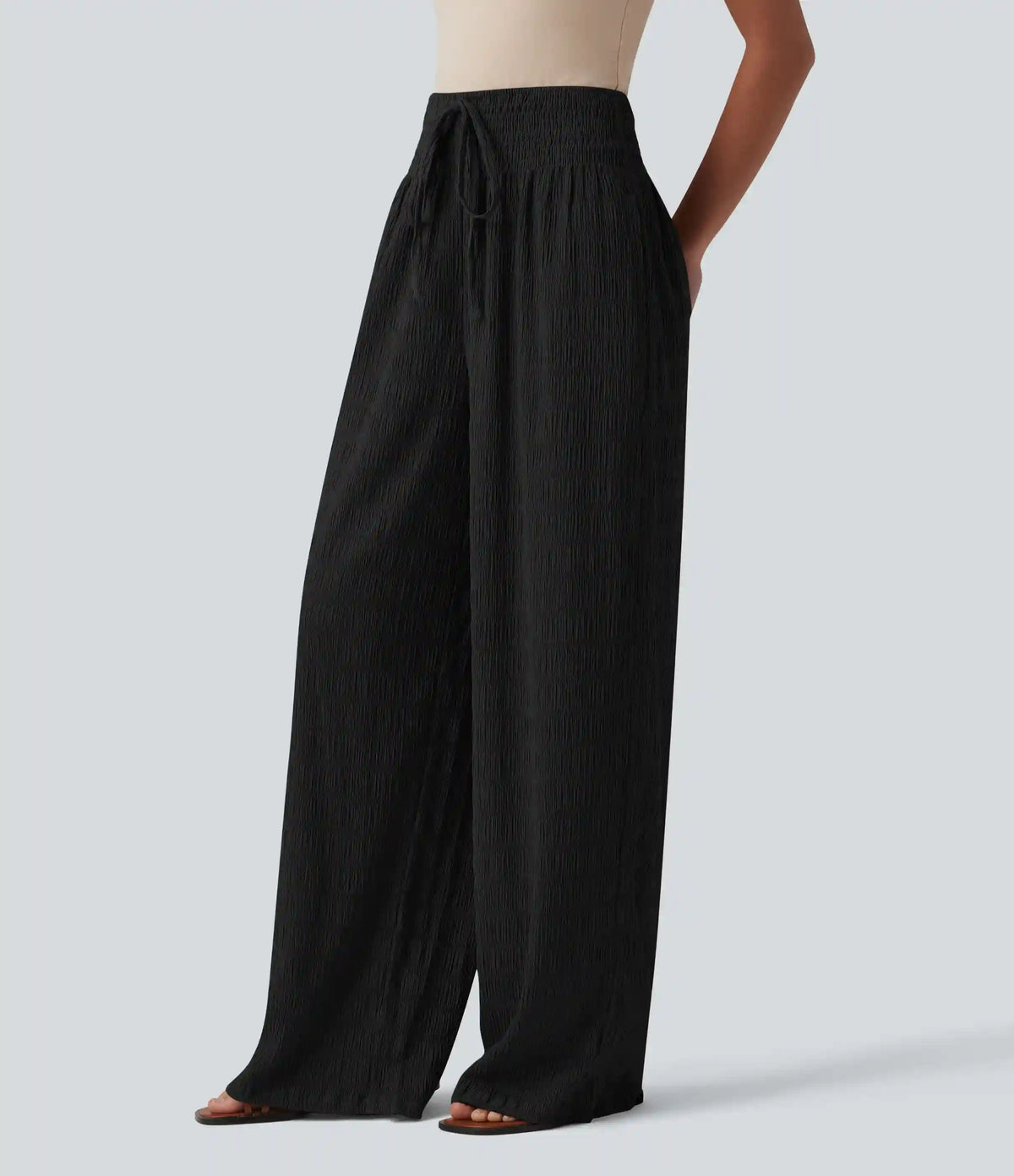 Mid Rise Drawstring Texture Resort Baggy Pants with Pockets