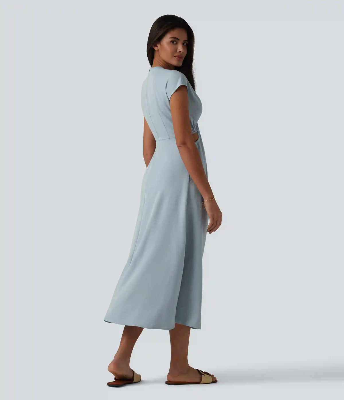 V-neck Short Sleeve Twisted Cut-out Invisible Zipper Midi Resort Dress with Pockets