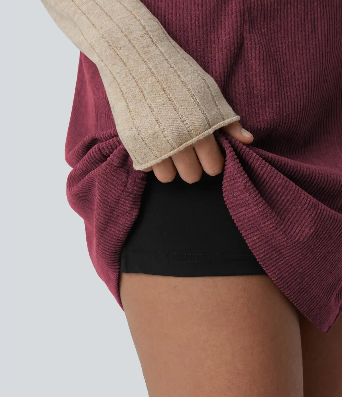 High Waisted Back Zipper Split Hem 2-in-1 Corduroy Casual Skirt-Longer Length
