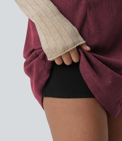 High Waisted Back Zipper Split Hem 2-in-1 Corduroy Casual Skirt-Longer Length