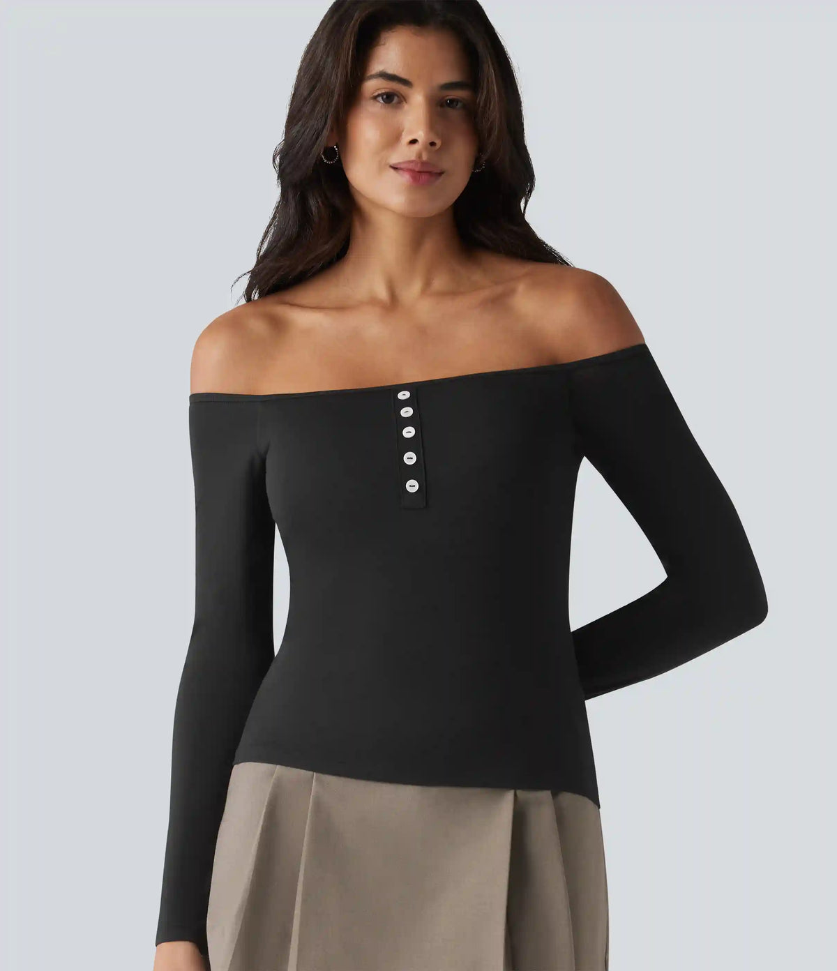 Ribbed Off-shoulder Long Sleeve Built-in Bra Ultra-slim Casual T-Shirt
