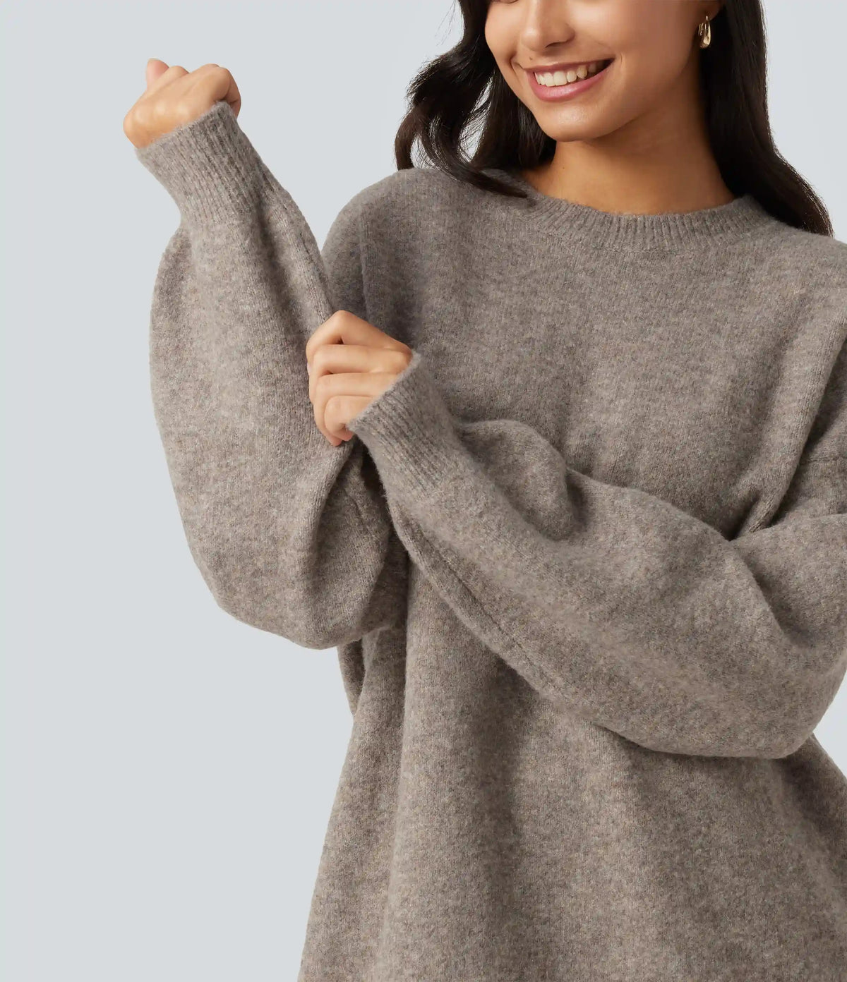 Round Neck Dropped Long Sleeve Work Wool-Blend Sweater