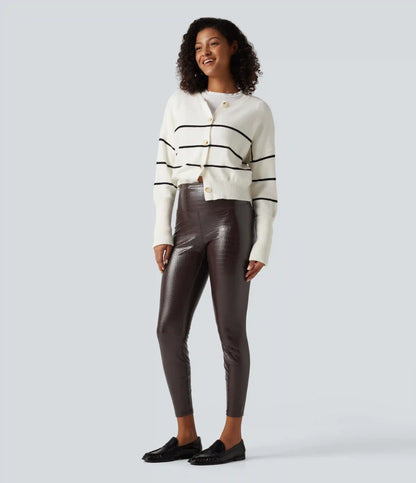 High Waisted Tummy Control Snakeskin Print Stretchy PU Fleece Skinny Casual Leggings with Pockets