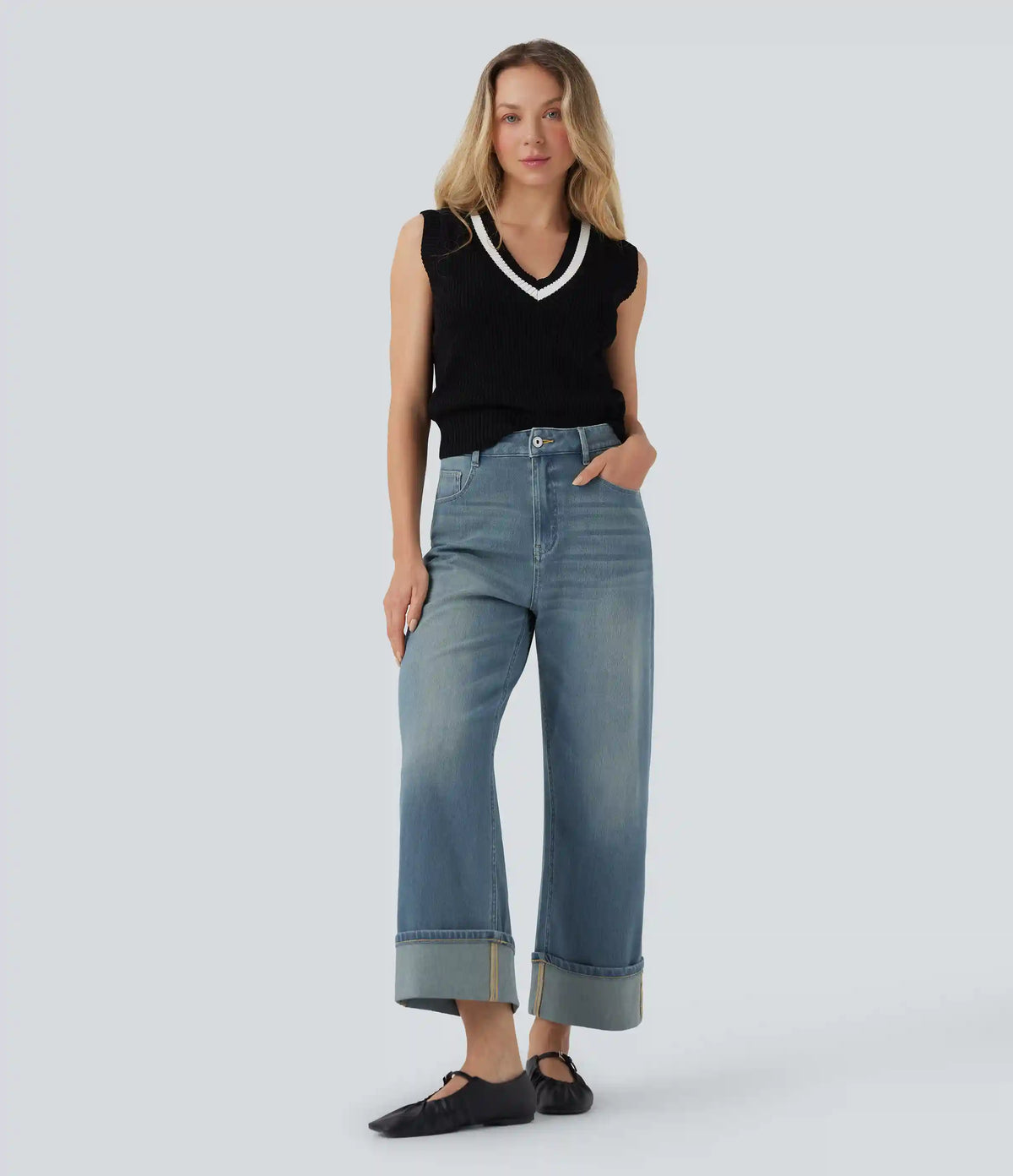 Halara Flex™ High Waisted Pockets Rolled Hem Wide Leg Washed Casual Jeans