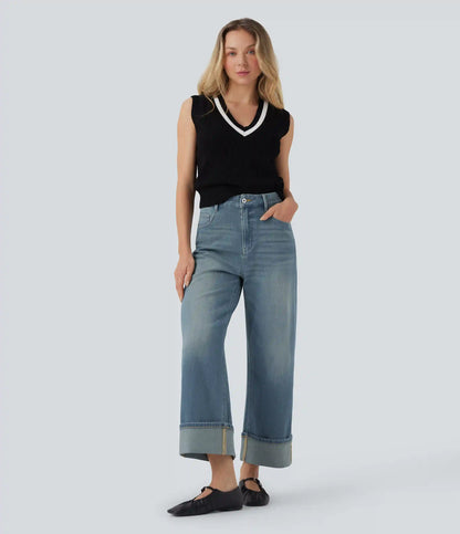 Halara Flex™ High Waisted Pockets Rolled Hem Wide Leg Washed Casual Jeans