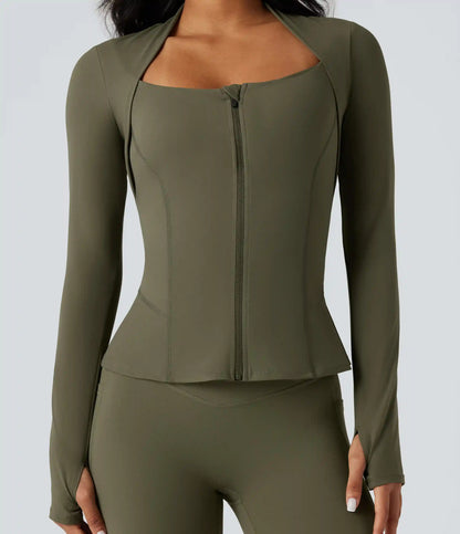 Halara UltraSculpt™ Push-Up Long Sleeve Thumb Hole Zipper Ruffle Hem Yoga Curvy Jacket