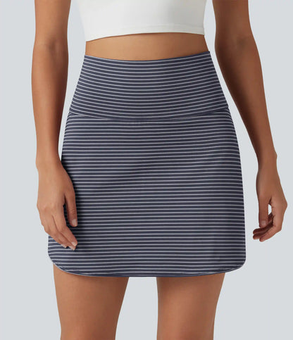 Ultra High-Waist Tummy Control Curved Hem 2-in-1 Stripes Golf Mini Skirt with Pockets