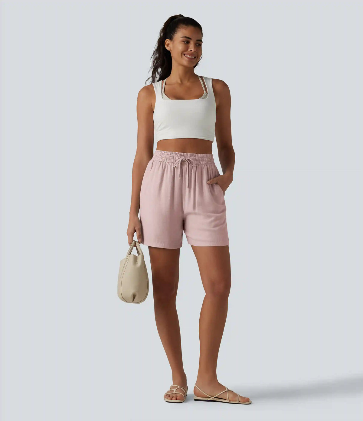 High Waisted Drawstring Casual Linen-Blend Baggy Shorts 5'' with Pockets