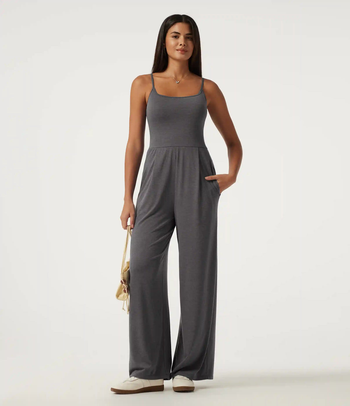 U-Neck Sleeveless Built-in Bra Ruched Baggy Casual Jumpsuit with Pockets-Easy Peezy Edition