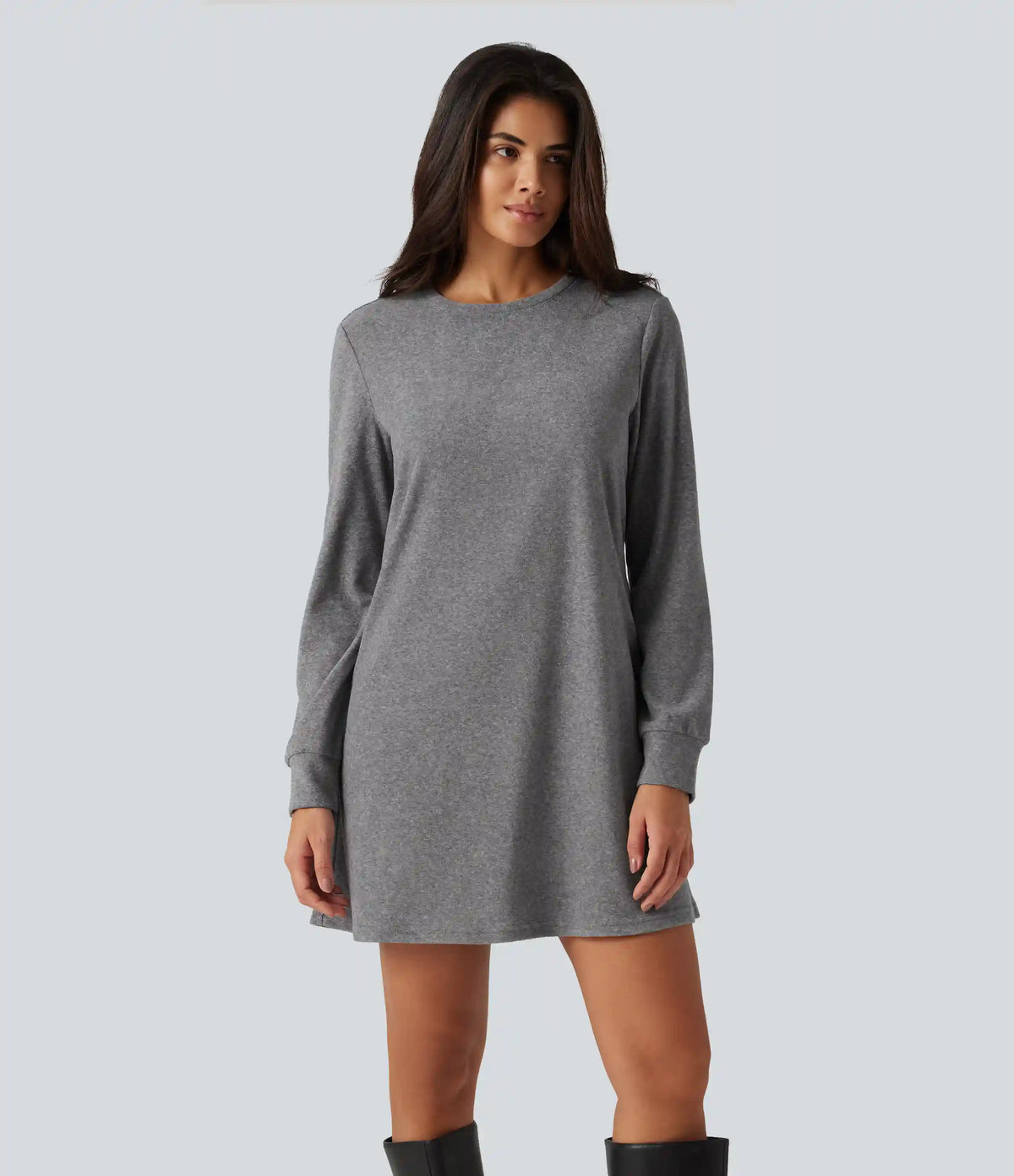 Round Neck Long Sleeve Mini Work Dress with Pockets