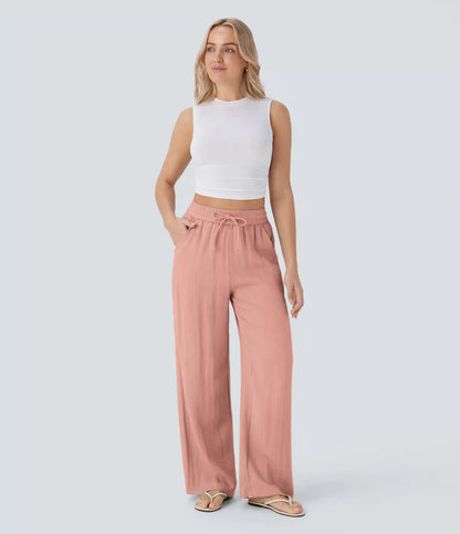High Waisted Drawstring Pocket Wide Leg Baggy Casual Linen-Feel Pants