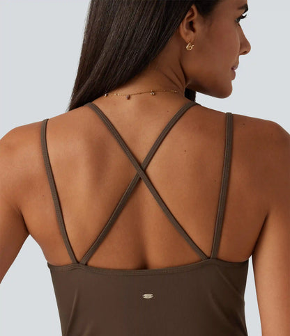 U Neck Sleeveless Crossover Built-in Bra Wide Leg Casual Jumpsuit with Pockets--Easy Peezy