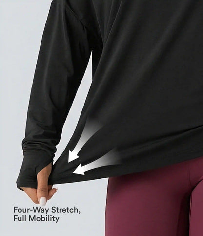 One Shoulder Long Sleeve Thumb Hole Curved Hem High Low Quick Dry Yoga Sports Top-Built-in Bra