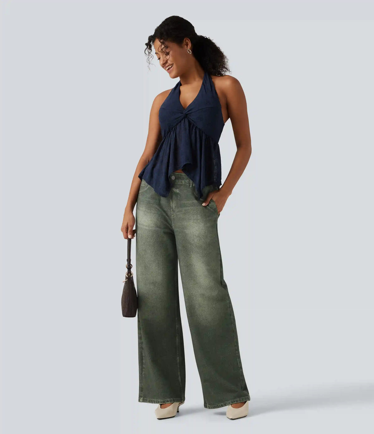 Mid Rise Wide Leg Denim Print French Terry Casual Jeans with Pockets
