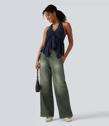 Mid Rise Wide Leg Denim Print French Terry Casual Jeans with Pockets