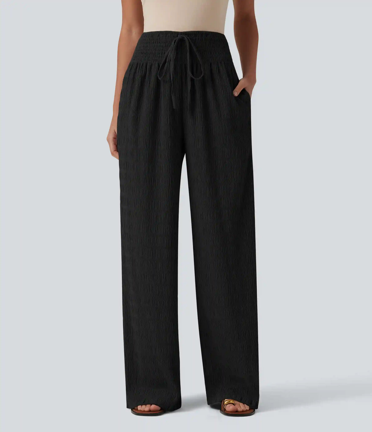 Mid Rise Drawstring Texture Resort Baggy Pants with Pockets