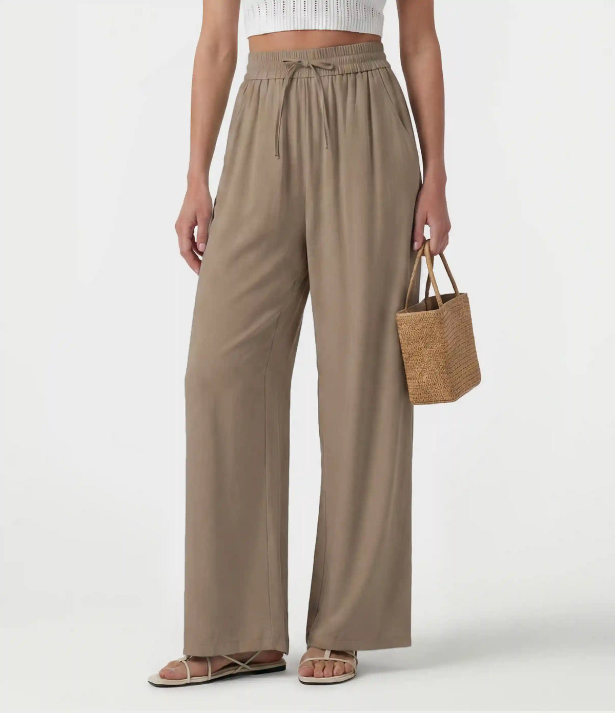 High Waisted Drawstring Wide Leg Casual Linen-Blend Pants with Pockets