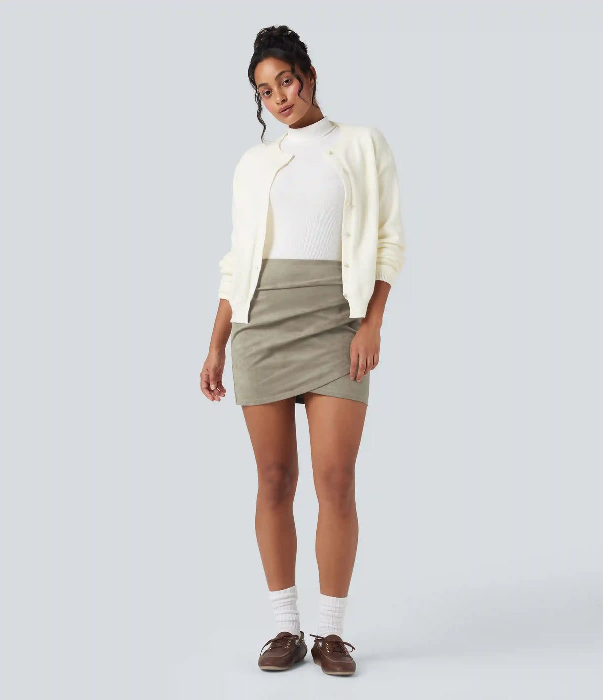 High Waisted Ruched Crossover Hem Bodycon Mini Suede Casual Skirt