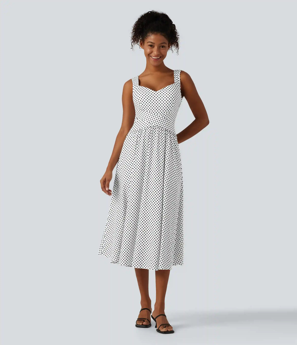 Sleeveless Backless Crossover Built-in Bra Polka Dot Midi Casual Flowy Dress with Pockets DD-F Cups