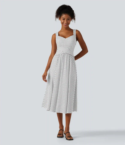 Sleeveless Backless Crossover Built-in Bra Polka Dot Midi Casual Flowy Dress with Pockets DD-F Cups