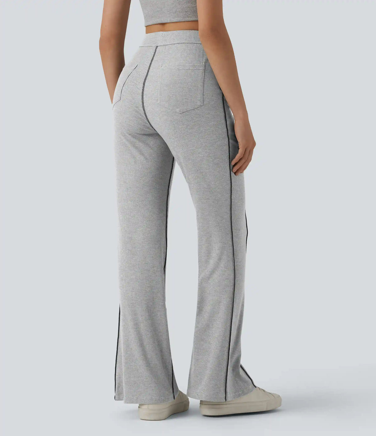 High Stretch Ribbed Knit High Waisted Color Block Top-stitching Casual Flare Leggings with Pockets